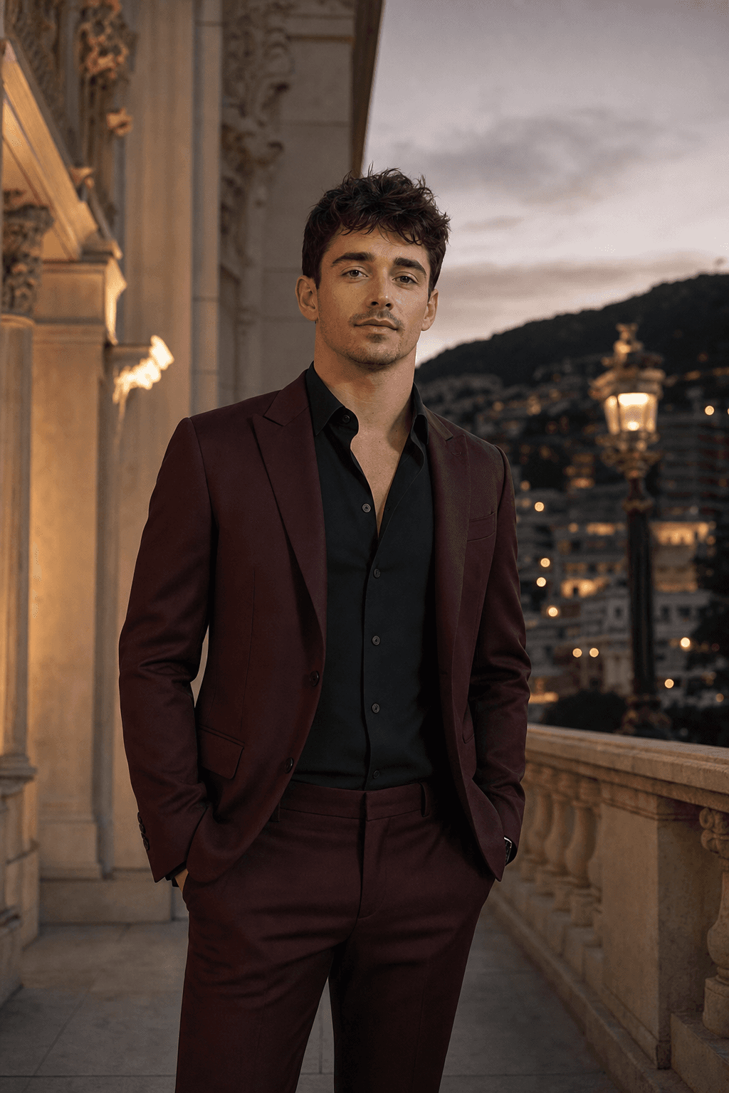 Concepto editorial de Charles Leclerc vistiendo un traje color vino en Mónaco