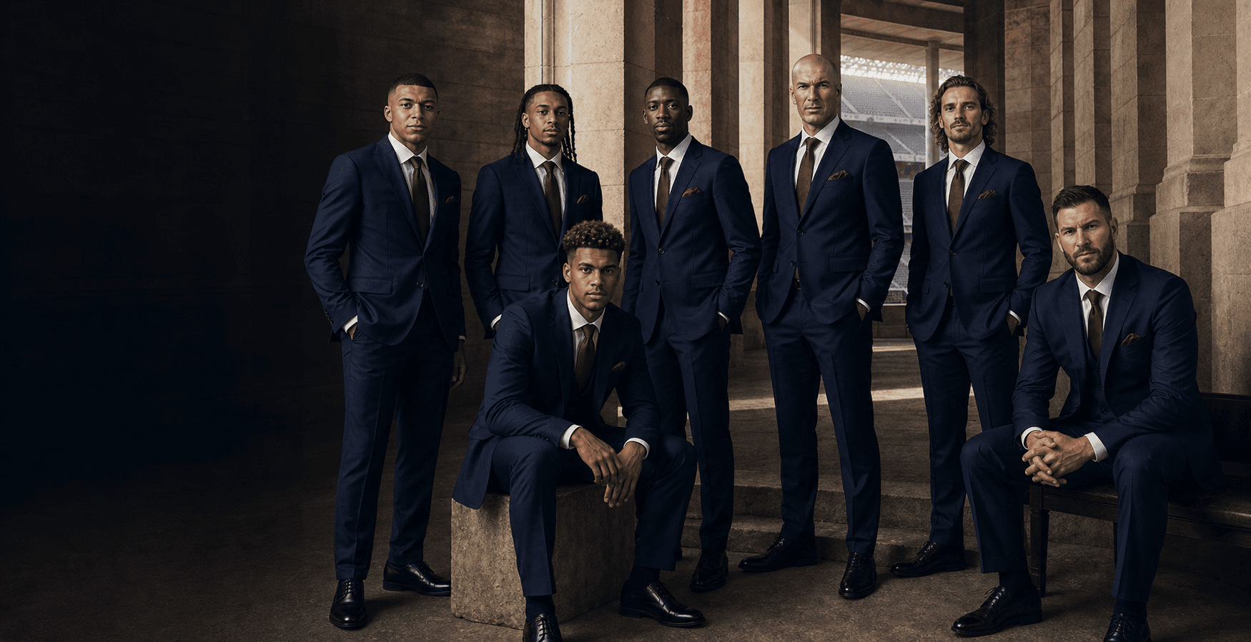 Campaña editorial conceptual con Mbappé, Olise, Dembélé, Doué, Zidane, Griezmann y Gignac vestidos con trajes Monte Carlo
