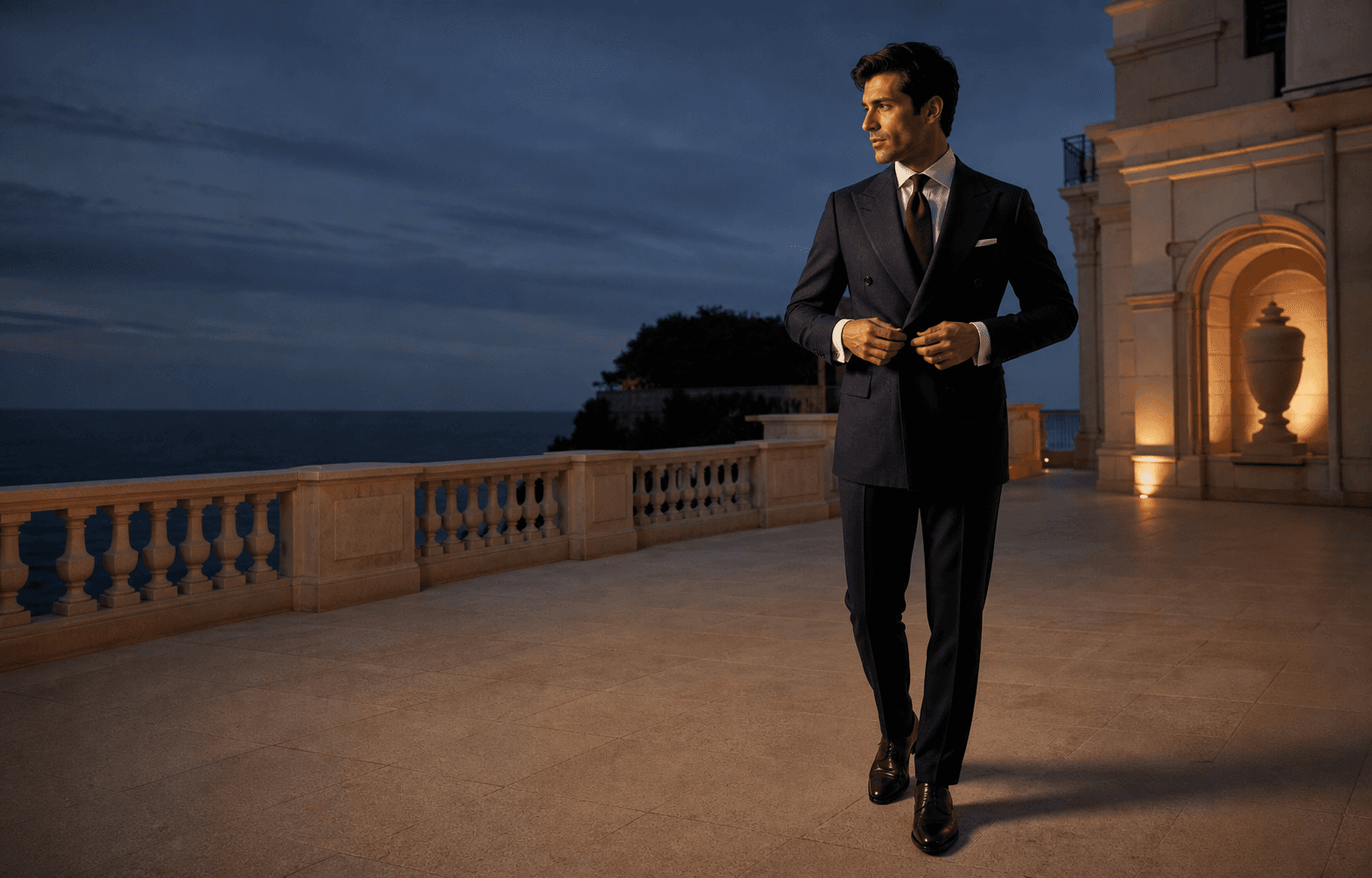 Modelo de la campaña Monte Carlo con traje azul marino en una terraza mediterránea
